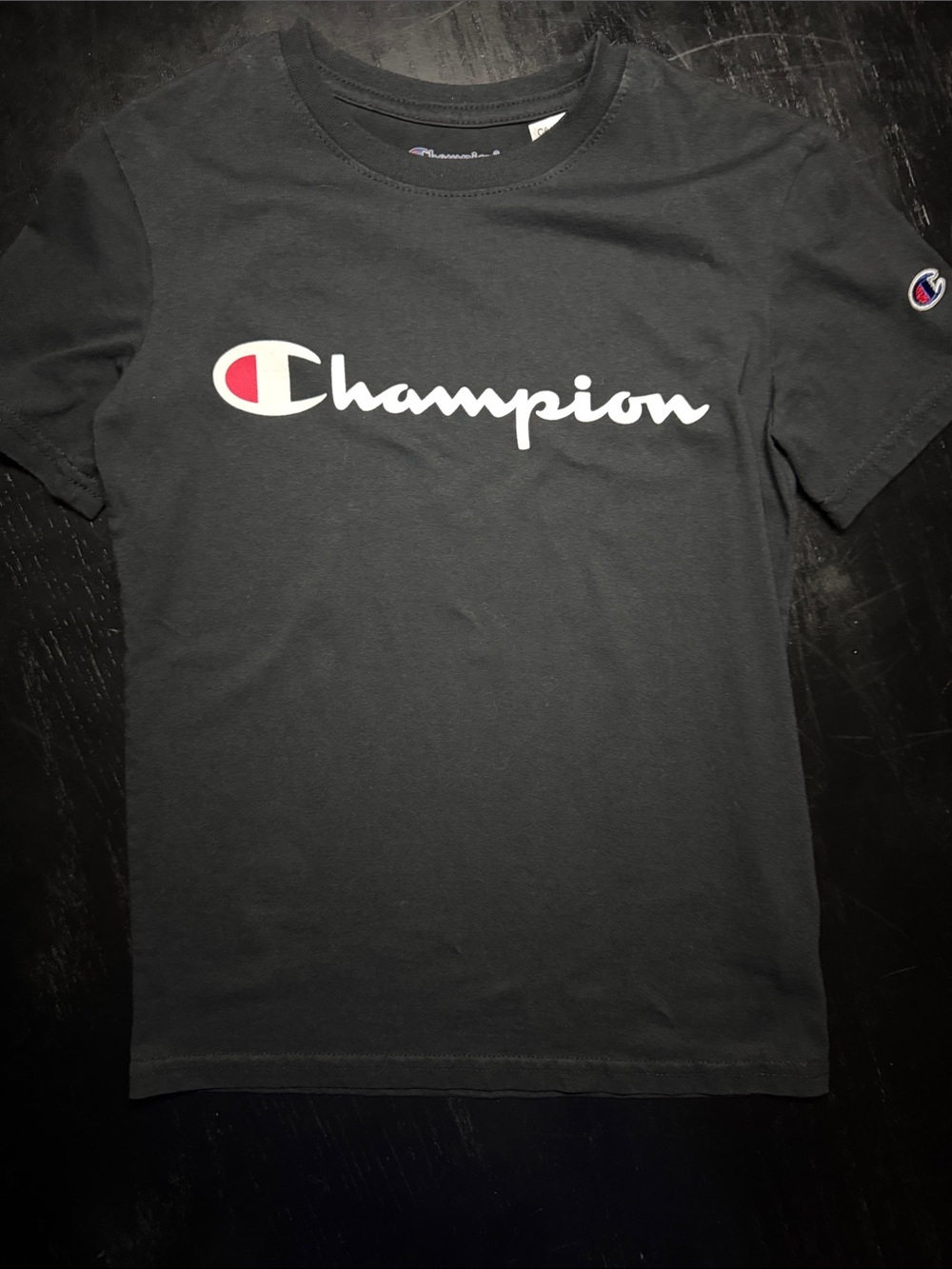 Champion Black Tee with White Script and Red Logo